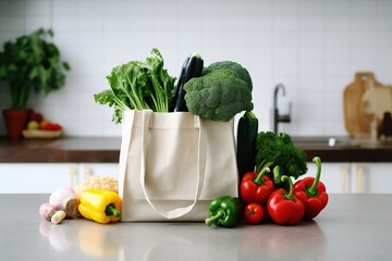 Vegetables on the kitchen table inside a reusable carry bag. Generative AI.