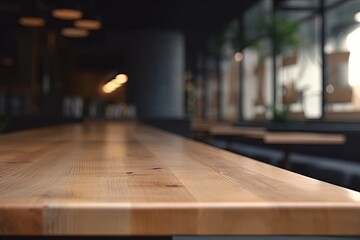 Empty wooden table space platform and blurry defocused. Generative AI. - obrazy, fototapety, plakaty