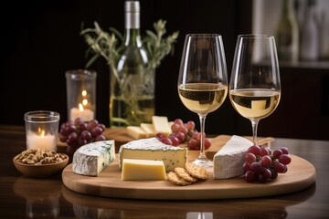wine glasses beside an elegant cheese board arrangement