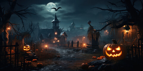 Fototapeta na wymiar Smiling pumpkin at night background. Halloween concept. Generative ai.