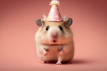 Fototapeta na wymiar A cute hamster is wearing a birthday cap on a pink background. Generative AI.