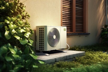 Heat pump near the house. Generative AI.