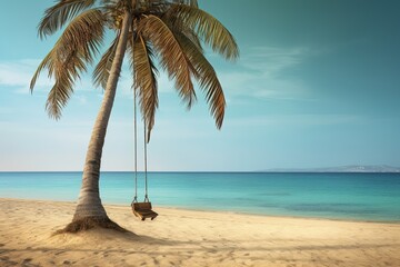 Image of swing on palm tree over the perfect beach. Generative AI.