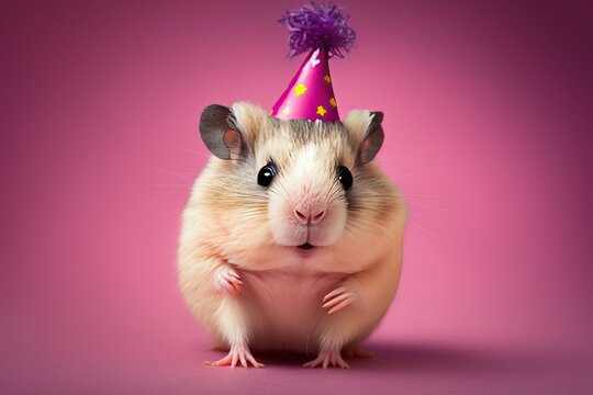 The hamster is wearing a birthday cap on a pink background. Generative AI.