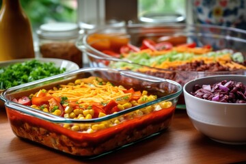 casserole dishes with layered ingredients ready to bake