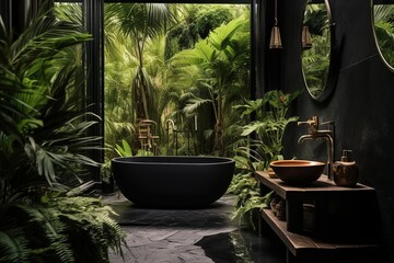 Luxury outdoor bathroom in tropical jungle. Generative AI.