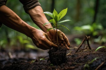hand planting a sapling in a rainforest restoration project