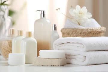 Fototapeta na wymiar Toiletries soap towel creams and lotions. Generative AI.