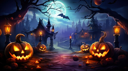 Fototapeta na wymiar Smiling pumpkin at night background. Halloween concept. Generative ai.