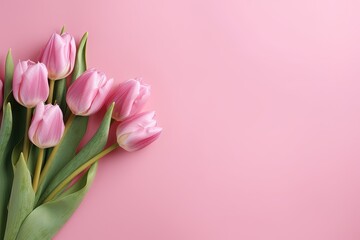 Spring tulip flowers on pink background top view. Generative AI.