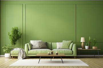 A contemporary yet timeless green interior with wall panels and a wooden floor. The design is depicted through a rendered illustration mockup.