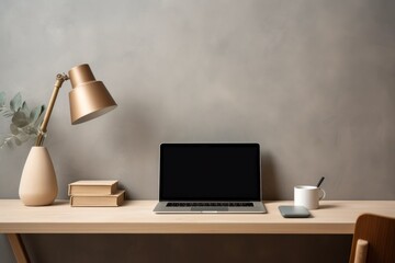 modern minimalist desk setup with laptop, lamp, and stationery