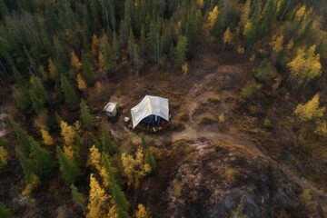 aerial view of a tent in a remote wilderness area