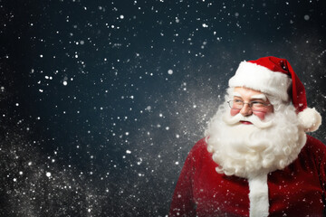 Dark Background with White Snowfall and Santa Claus on Right Side, Generative AI