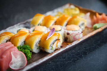 Tray with beautifully presented sushi pieces