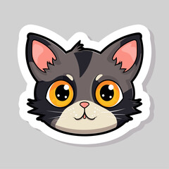 Funny cat face isolated on white sticker. Cute cat character face with big eyes, animal trendy vector illustration. Gray black color	
