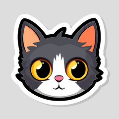 Funny cat face isolated on white sticker. Cute cat character face with big eyes, animal trendy vector illustration. Gray black color	
