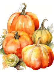 Group of pumpkins watercolor illustration. Halloween and Thanksgiving concept. Autumn seasonal content. 