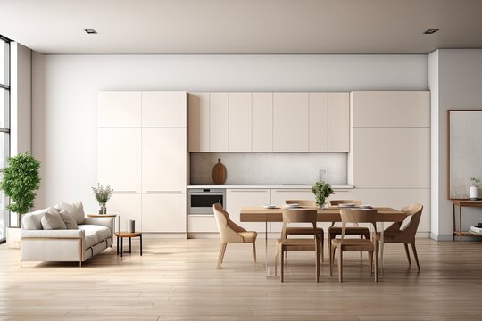 A stunning studio apartment is depicted in a rendering mockup image. The apartment features a spacious living room, a sleek kitchen, and a dining table all encompassed within the same area. The image