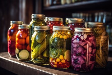 close-up of glass jars filled with pickled vegetables