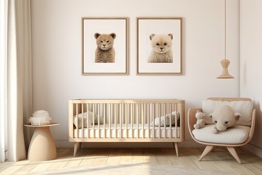 Mockup Of wall frame in a childrens room, showcasing a nursery interior with a blend of boho, Scandinavian, and eco styles. This is a rendering and illustration.
