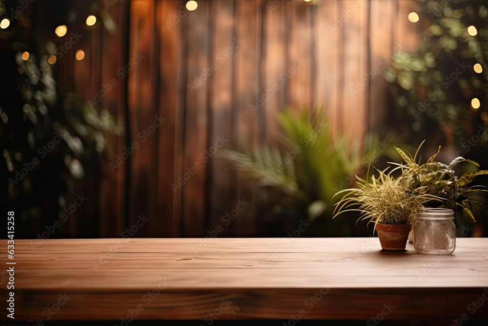 Poster an empty wooden table is displayed in a , with a blurred background that includes curtains and plant