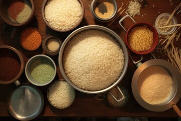 Fototapeta na wymiar overhead shot of various rice types near cooker