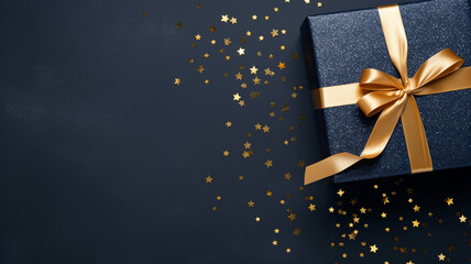 gift and golden ribbon on dark blue background
