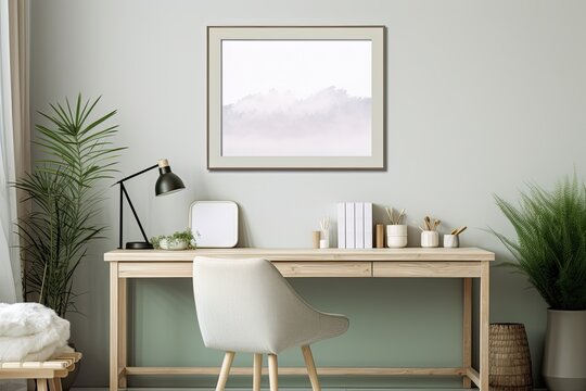Cozy home office interior with frame mockup, rendered in .