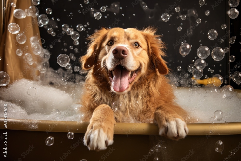 Wall mural dog relaxing in a bathtub filled with bubbles