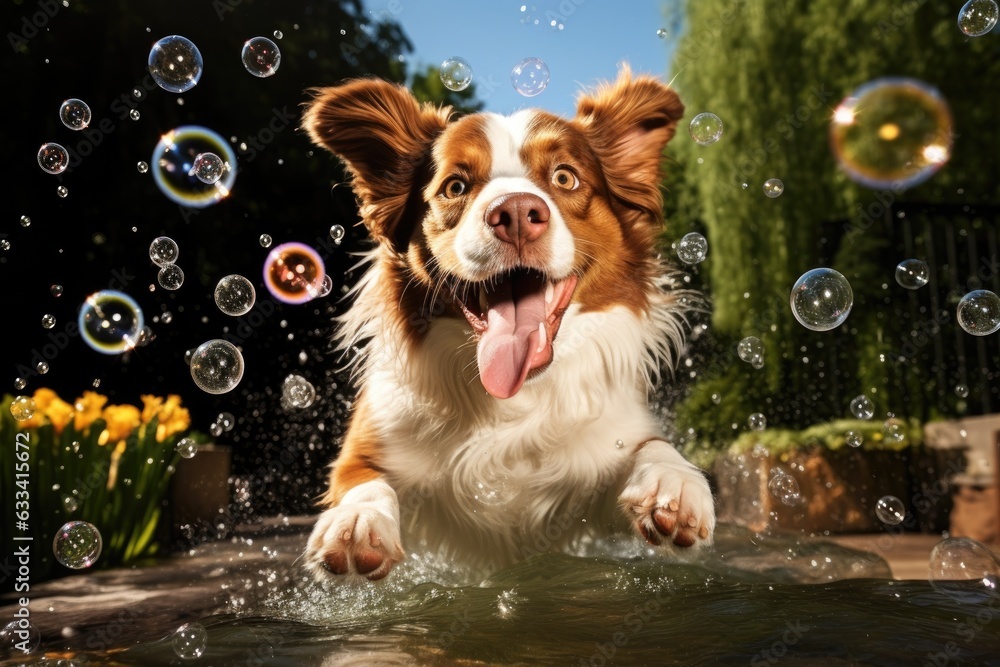 Wall mural sudsy dog playing with floating bubbles