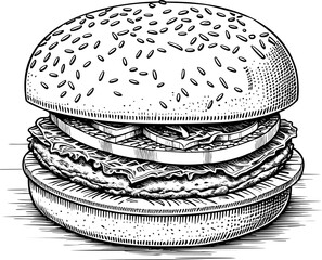 Hand-drawn black and white illustration of a delicious burger, cheeseburger, and hamburger, representing sketched fast food in vector. EPS-10