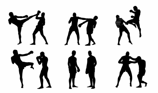 Silhouette  set of mixed martial art mma fighter. Muay thai, wrestling, jujitsu, kick boxing, taekwondo and boxing. Vector illustration