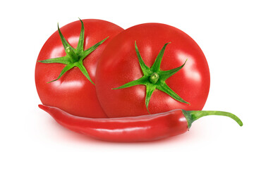 Tomatoes and red chili peppers on an isolated white background.