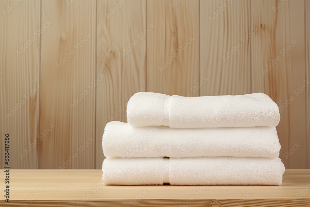 Poster on a wooden table in the bathroom, there are white, clean towels. there is also empty space availabl