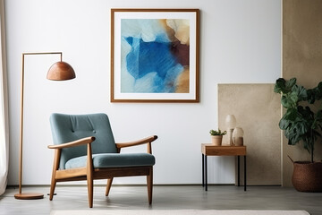 Blue armchair and big art poster on white wall. Mid century style. Generative AI