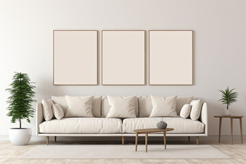 White Couch against of white wall with empty mock up poster frames. Scandinavian interior design of modern living room.