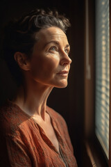 Portrait of middle age white woman, indoors, looking out window with contemplative expression