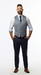 Full shot of professional looking 32 year old male. Work, job, outfit. Isolated on white background.