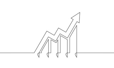 Continuous line drawing of arrow up. Illustration vector of graph. Bar chart design. Business growth icon. Object one line. Single line art