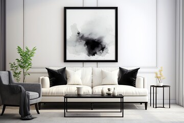 A rendered representation of a black frame mockup is showcased in a classic white interior adorned with contemporary furniture.