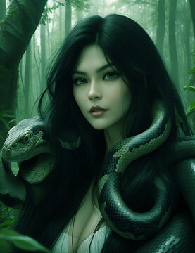 A pretty blonde holding a wild snake,Beautiful snake girl in a forest.