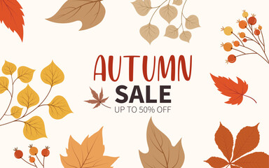 Autumn sale banner with leaves frame.