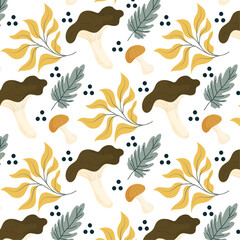 Seamless pattern with leaves and mushrooms.