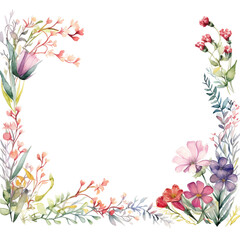 frame with wild flowers in two side and leaving huge blank white space, negative space for text, watercolor clipart isolated
