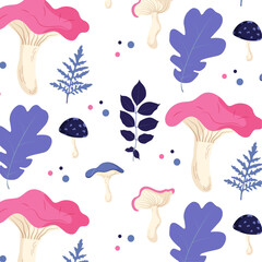 Seamless pattern with pink and purple mushrooms.
