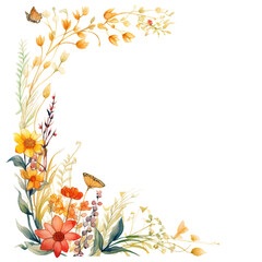 background with wild flowers in one side, huge blank white space, negative space for text, watercolor clipart isolated