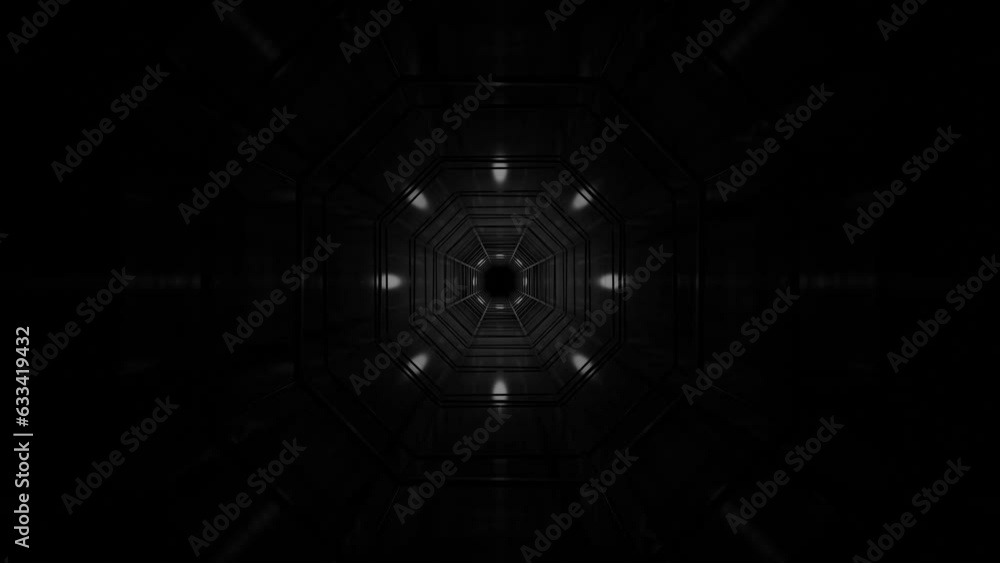 Poster a dark tunnel with a rotating metal grid. looped animation. 3d render