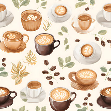 Seamless patterns of various coffee, chocolate and whipped cream on glass in cafe. Watercolor illustration cup of drink background, Generative AI