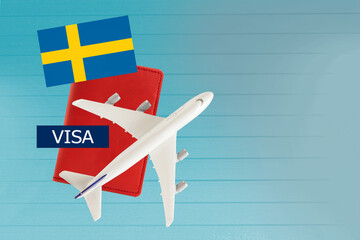 Sweden Visa and passport with airplane and flag on white background with copy space.